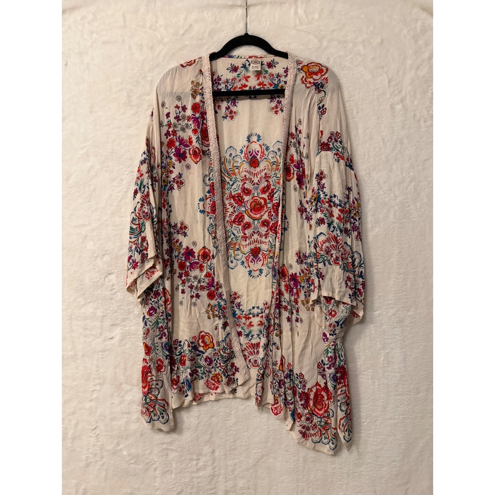 Bila Kimono Cardigan Women XL XXL Cream Floral Boho Open Front Rayon YQ697